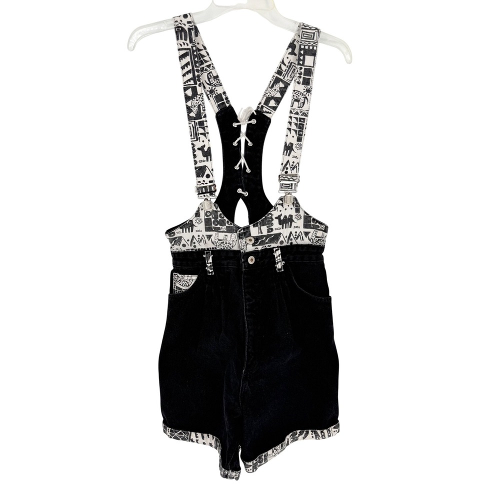 Wrangler Vintage 80s Printed Short Overalls Made in USA Retro Black Sz 11 Artsy